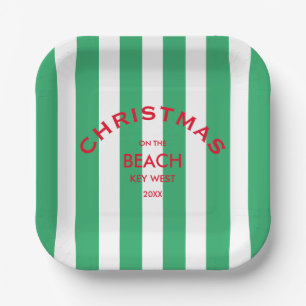 Christmas On The Beach Custom Green Cabana Stripe Paper Plates