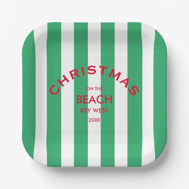 Christmas On The Beach Custom Green Cabana Stripe  Paper Plates (Front)