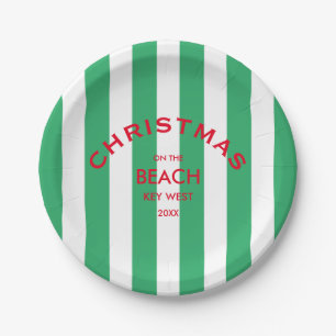 Christmas On The Beach Green Cabana Stripe Paper Plates