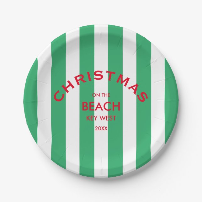 Christmas On The Beach Green Cabana Stripe  Paper Plates (Front)
