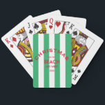 Christmas On The Beach Green Cabana Stripe Poker Cards<br><div class="desc">These playing cards are perfect for card games with family or friends during your Christmas beach house or beach gathering... green cabana stripes with red custom logo. Personalize with the year and beach location. The perfect addition to your Christmas celebrations or the perfect stocking filler for family or friends! Matching...</div>
