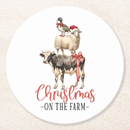 Christmas on the Farm Barnyard Animal Round Paper Coaster