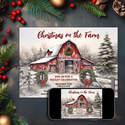 Christmas on the Farm Red Barn Holiday Party Invitation