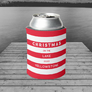 Christmas On The Lake Red Nautical Stripe Can Cooler