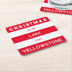 Christmas On The Lake Red Nautical Stripe Square Paper Coaster