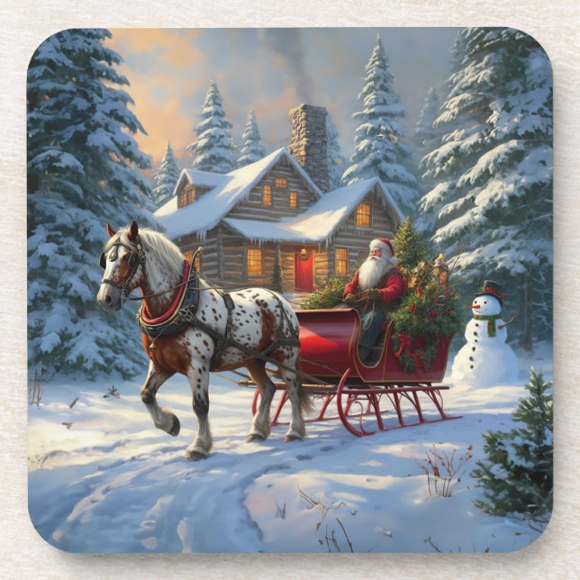 Christmas One-horse Sleigh Santa Beverage Coaster (Front)