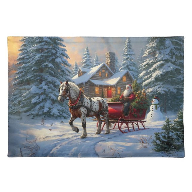 Christmas One-horse Sleigh Santa Cloth Placemat (Front)