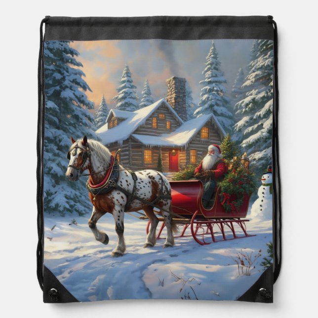 Christmas One-horse Sleigh Santa Drawstring Bag (Front)