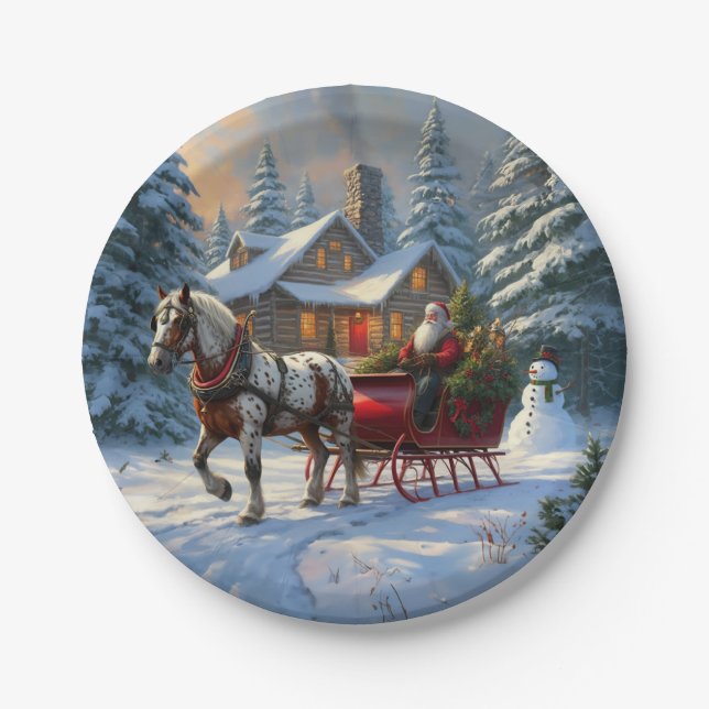 Christmas One-horse Sleigh Santa Paper Plates (Front)