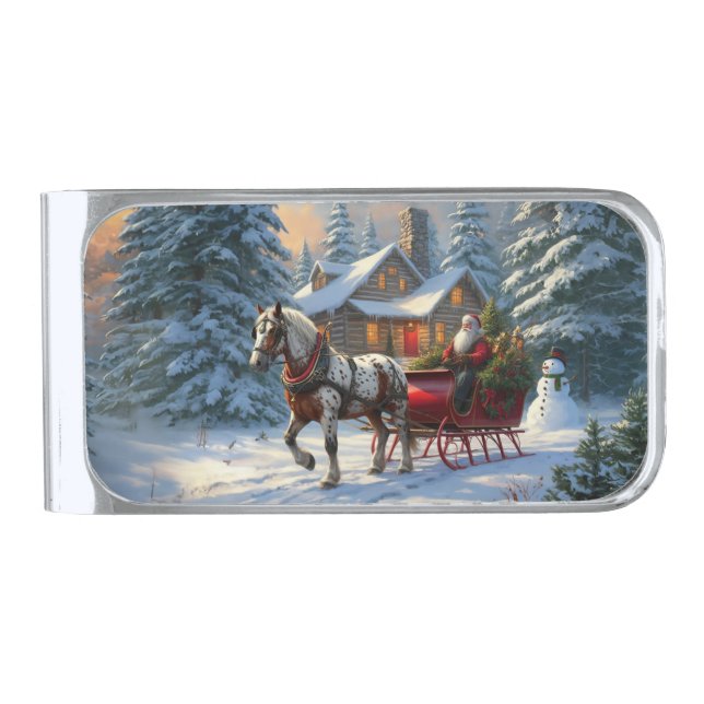 Christmas One-horse Sleigh Santa Silver Finish Money Clip (Front)