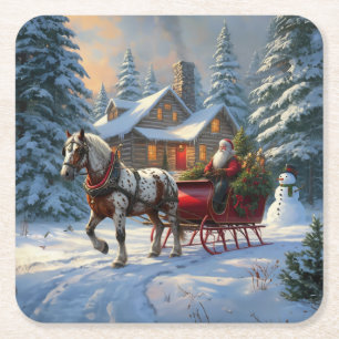 Christmas One-horse Sleigh Santa Square Paper Coaster