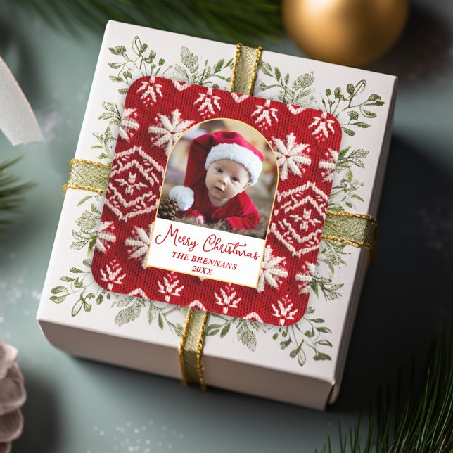 Christmas One Photo Winter Elegant Festive Square Sticker (Christmas One Photo Winter Elegant Festive Square Sticker)