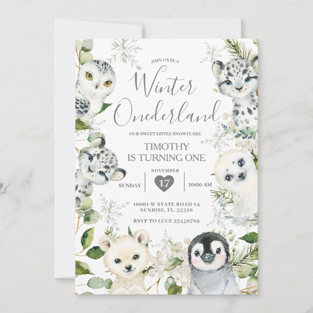 Christmas ONEderland Arctic Animals Boy 1st Birth Invitation (Front)