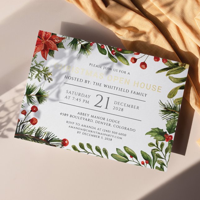 Christmas Open House Botanical Gold Foil Holiday Postcard (Poinsettia Red Berries Gold Foil Christmas Party Invitation)