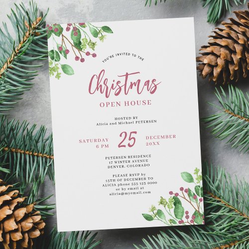 Christmas Open House modern greenery holiday party Invitation