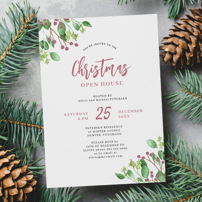 Christmas Open House modern greenery holiday party Invitation (Creator Uploaded)