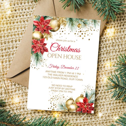 Christmas open house party red poinsettia gold invitation