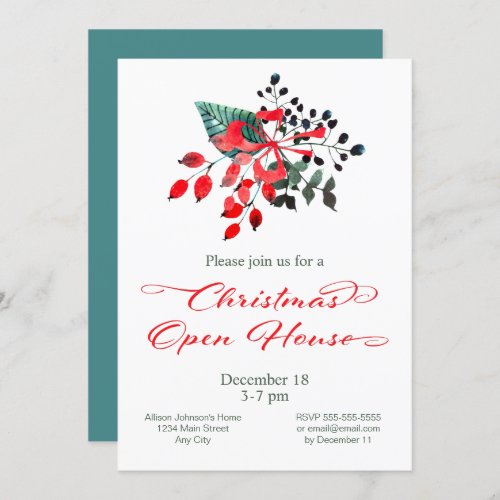 Christmas Open House Party Winter Berries Floral Invitation