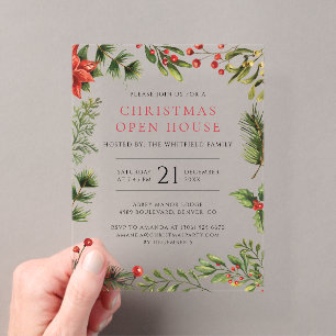 Christmas Open House Watercolor Berries Holiday Acrylic Enclosure Card