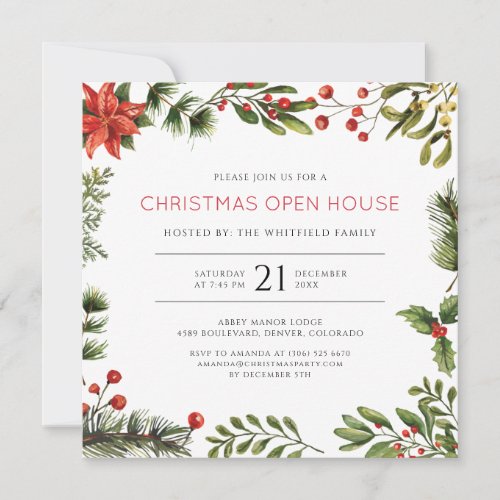 Christmas Open House Watercolor Berries Holiday Invitation