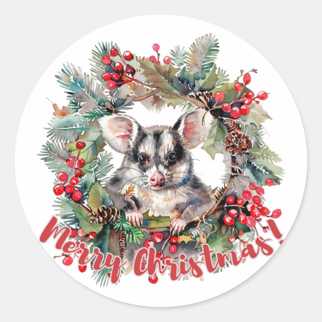 Christmas Opossum Berries Holly Leaves Classic Round Sticker (Front)