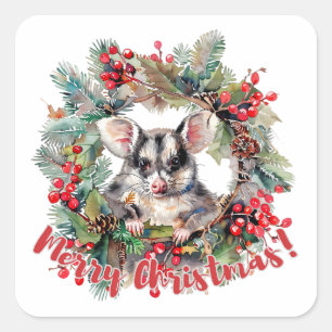 Christmas Opossum Berries Holly Leaves Square Sticker