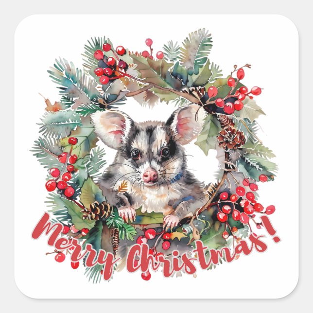 Christmas Opossum Berries Holly Leaves Square Sticker (Front)