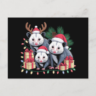 Christmas Opossum Santa Hat Antlers Xmas Lights Holiday Postcard