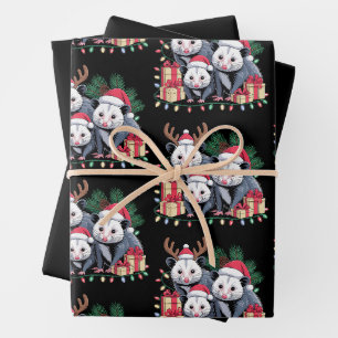 Christmas Opossum Santa Hat Antlers Xmas Lights Wrapping Paper Sheets