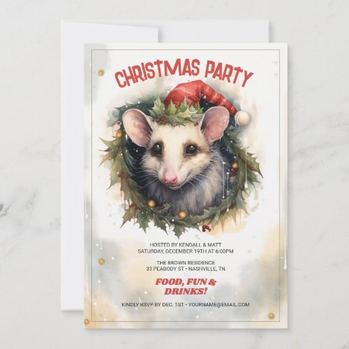 Christmas opossum Watercolor Invitation