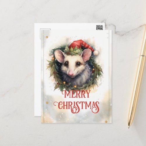 Christmas opossum Watercolor Postcard