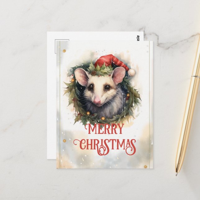 Christmas opossum Watercolor Postcard (Front/Back In Situ)