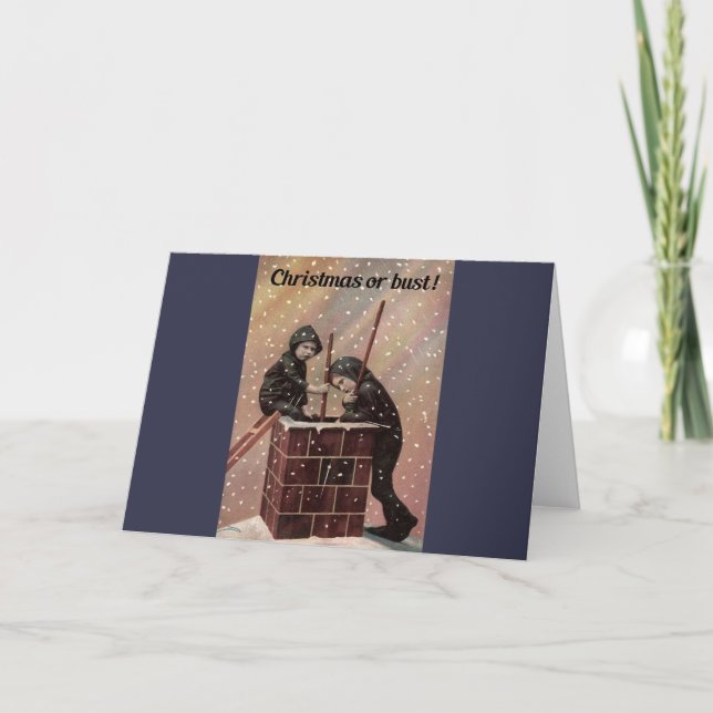 Christmas Or Bust, Boy Chimney Sweep Antique Photo Holiday Card (Front)