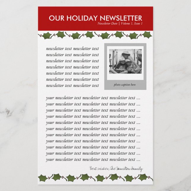 Christmas or Holiday Family Newsletter Template Stationery (Front)