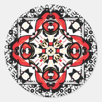 Christmas Or Holiday Wedding Black And Red Damask Classic Round Sticker by BridalSuite at Zazzle