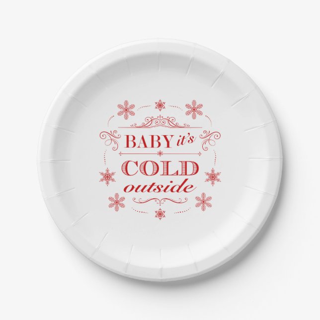 Christmas or Winter Red and White Snowflake Paper Plates (Front)