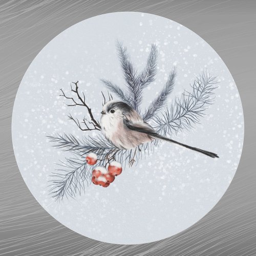 Christmas Orange Berries Bird Pine Watercolor Classic Round Sticker