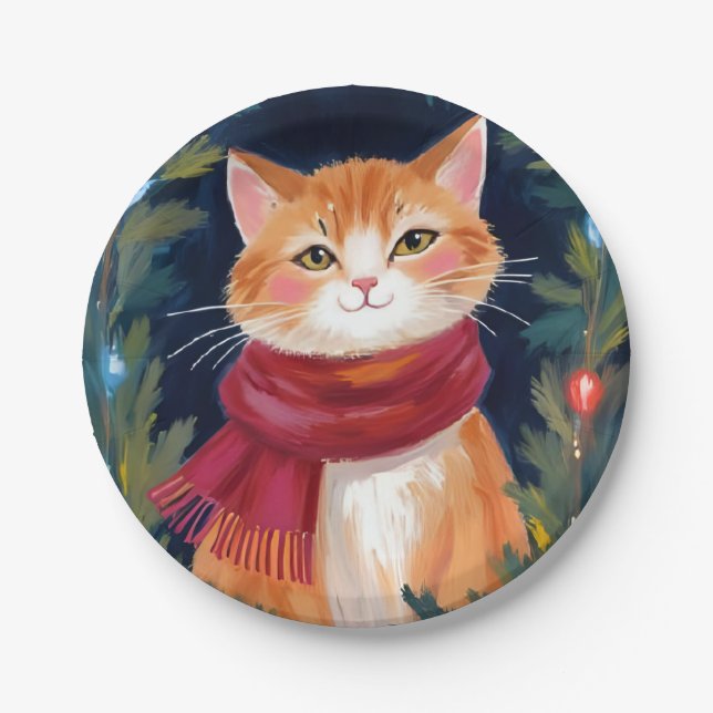 Christmas Orange Cat Festive Pet Holiday Paper Plates (Front)