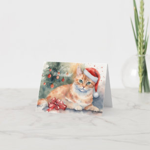 Christmas Orange Cat in Santa Hat Watercolor Card