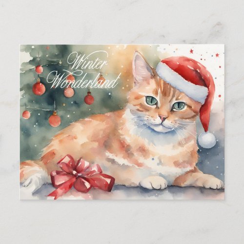 Christmas Orange Cat in Santa Hat Watercolor  Holiday Postcard