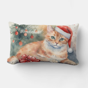Christmas Orange Cat in Santa Hat Watercolor  Lumbar Pillow