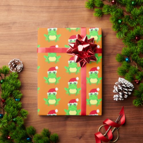 Christmas Orange Frog Santa Hat Pattern Novelty  Wrapping Paper