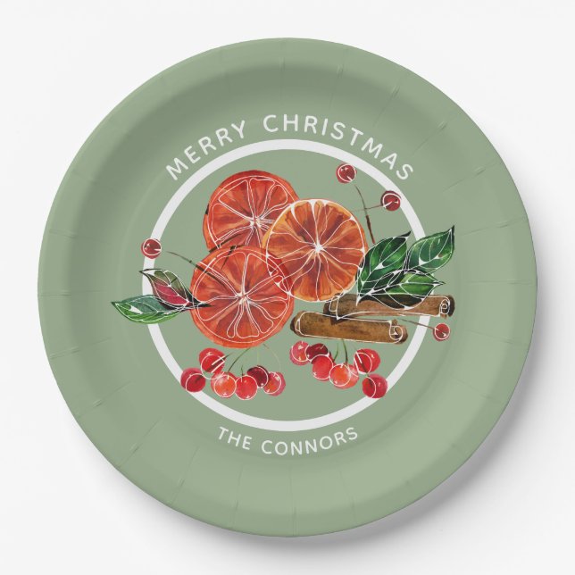 Christmas Orange Slices Cinnamon Sticks Berries Paper Plates (Front)