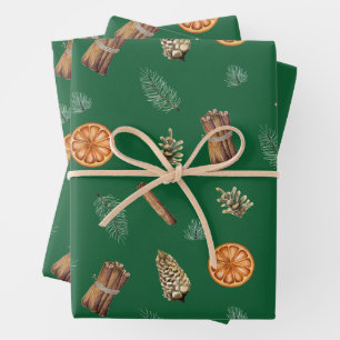 Christmas Orange Spice, Pine, Pinecones Green Wrapping Paper Sheets