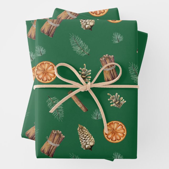 Christmas Orange Spice, Pine, Pinecones Green Wrapping Paper Sheets (In situ)