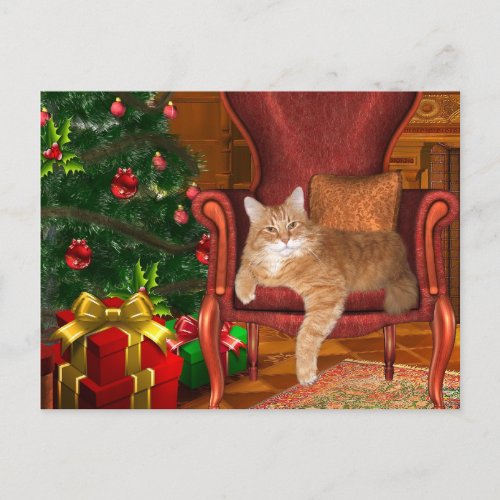 Christmas orange tabby holiday postcard