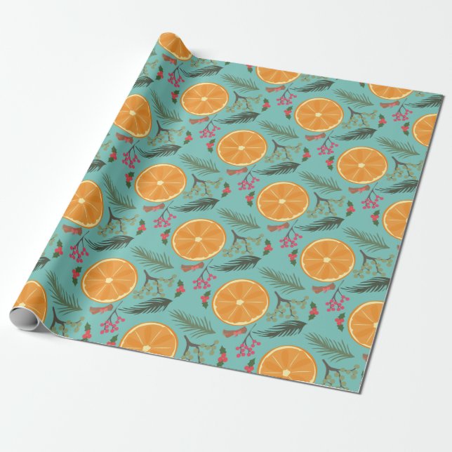 Christmas Orange Wreath Print Wrapping Paper (Unrolled)