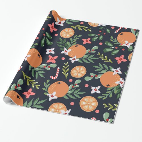 Christmas Oranges Candy Canes and Greenery  Wrapping Paper