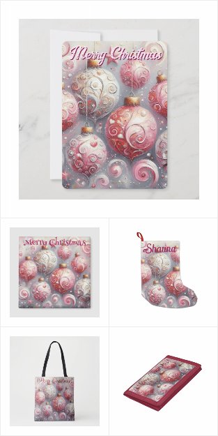 Christmas Ornament Balls Pink White w/Swirls