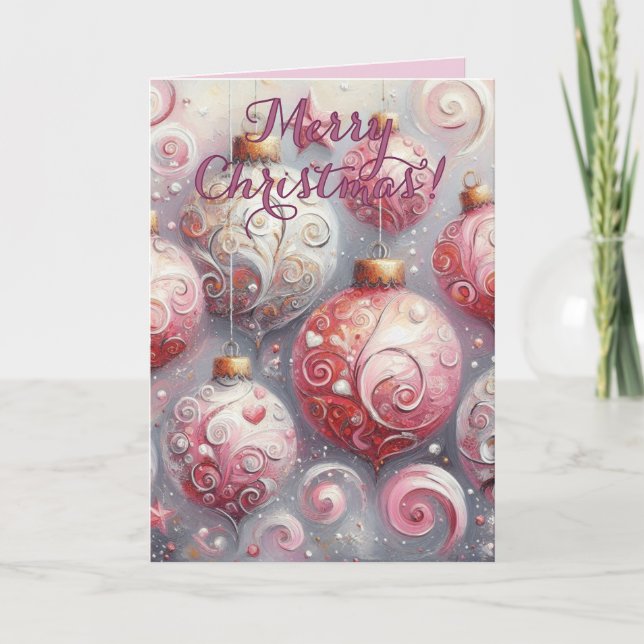 Christmas Ornament Balls Pink White w/Swirls Holiday Card (Front)